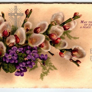 Best Easter Wishes Postcard 1910's Willow Flowers A Peace Divine Holy Cross