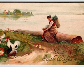 Easter Postcard Rooster Hen Baby Chicks Women Seated On Log Basket Germany 1909