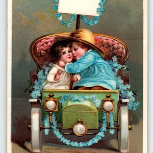 Carte postale Saint-Valentin Enfants dans une voiture Ellen Clapsaddle Gelcoat a des fissures Cadeau unique
