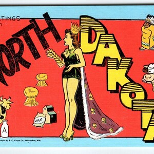 Greetings From North Dakota Miss America Postcard Map Crown Robe Linen Kropp