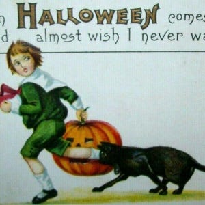 Carte postale d'Halloween originale Stecher série 63 F chat noir chasse garçon ancien cadeau unique