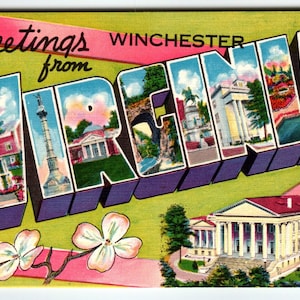 Carte postale d'État en lin, grande lettre, grande lettre, salutations de Winchester en Virginie des années 40