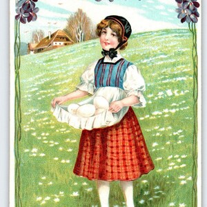 Easter Greetings Postcard Country Women Basket Of Eggs Flowers Embossed Germany