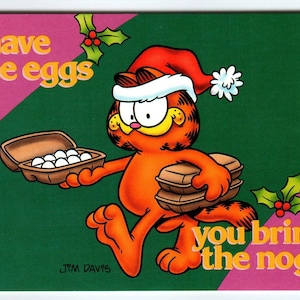 Carte postale fête de Noël chat Garfield J'ai des œufs que vous apportez Nog Jim Davis 1978 Cadeau unique
