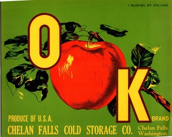 OK Äpfel Kiste Etikett 1940er Jahre Vintage Original Chelan Falls Washington Mid Century