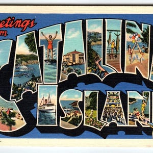 Carte postale en lin grande lettre Salutations de l'île de Catalina en Californie des années 40