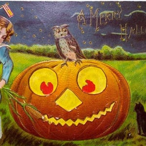 Carte postale Halloween victorienne fantaisie enfant JOL drapeau américain chat noir hibou chaudrons cadeau unique
