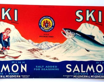 Ski Brand Pink Salmon Can Seafood Label Original Vintage 1940's Lady Skiing Hill