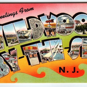 Greetings From Wildwood By The Sea NJ New Jersey Linen Large Big Letter Postcard image 1