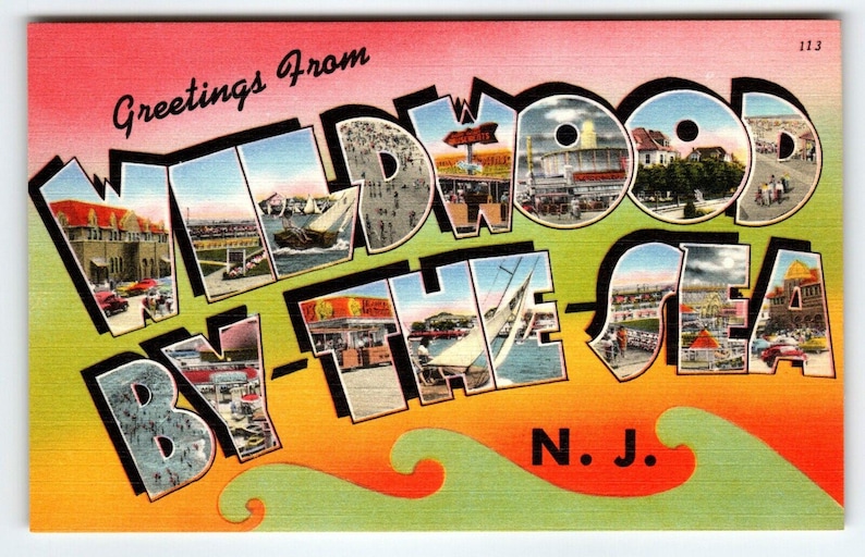 Greetings From Wildwood By The Sea NJ New Jersey Linen Large Big Letter Postcard image 1