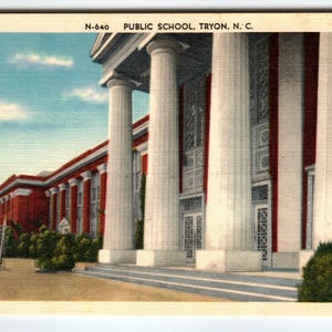 Carte postale vintage en lin de Tryon North Carolina Public School Building inutilisé NC