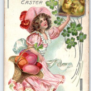 Oster Postkarte Pinke Dress Lady Korb Rieseneier Serie 1910 704 Tuck