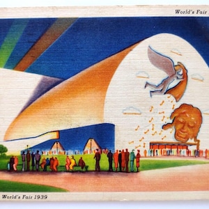 New York Worlds Fair Postcard Music Hall Building Modernism Linen 1939 Grinnell