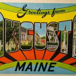 Carte postale arc-en-ciel en lin, grande lettre, grande lettre, salutations d'Augusta Maine E-8649, cadeau unique