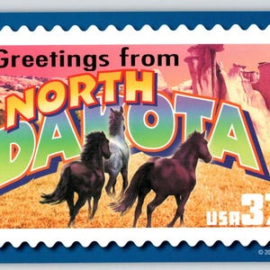 Salutations du Dakota du Nord grande lettre carte postale chromée USPS 2001 chevaux Bronco cadeau unique