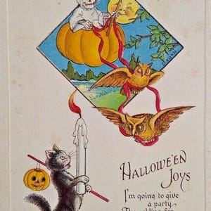 Halloween Carte postale squelette Faucheuse Fantasy Debout Chat noir Hiboux E Von H Cadeau unique