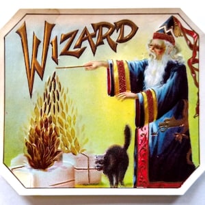 Wizard The Magician Black Cat Vintage Cigar Embossed Label Magic Wand Sorcerer Unique Gift