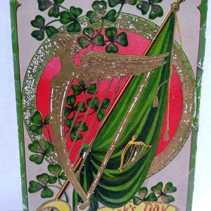 Carte postale de la Saint-Patrick salutations irlandaises drapeau harpe trèfle gelcoat s'écaillant 1910 cadeau unique