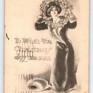 Vintage 1915 Christmas Postcard Woman Holding Wreath Antique Holiday