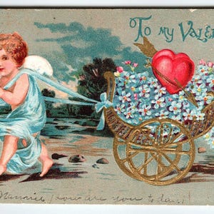 Antike geprägte Postkarte To My Valentine Cupid Zieht Herz Blumenwagen 1908 Einzigartiges Geschenk