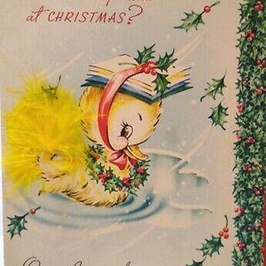 Carte de voeux de Noël bébé canards nager fausses plumes attachées pliable cadeau unique vintage