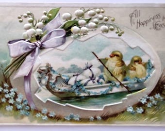 Ostern Postkarte Baby-Küken Ruder Kanu Boot Vergissmeinnicht geprägt