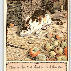 Künstler signiert R.C. Randolph Caldecott Postkarte Katze getötet Ratte Haus Jack gebaut