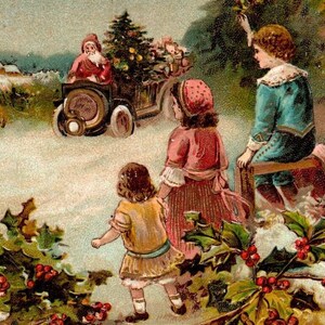 Santa Claus Christmas Postcard Driving Automobile Car Toys Decorated Tree 2045 Unique Gift