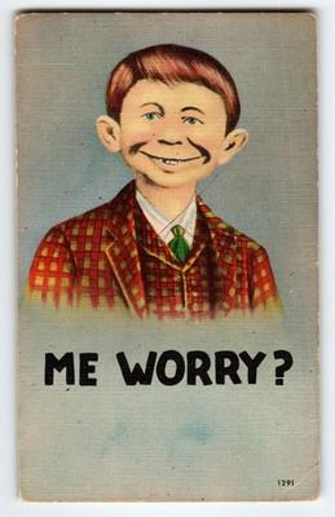Alfred E. Neuman Vintage Linen Postcard 1953 Me Worry? Comic