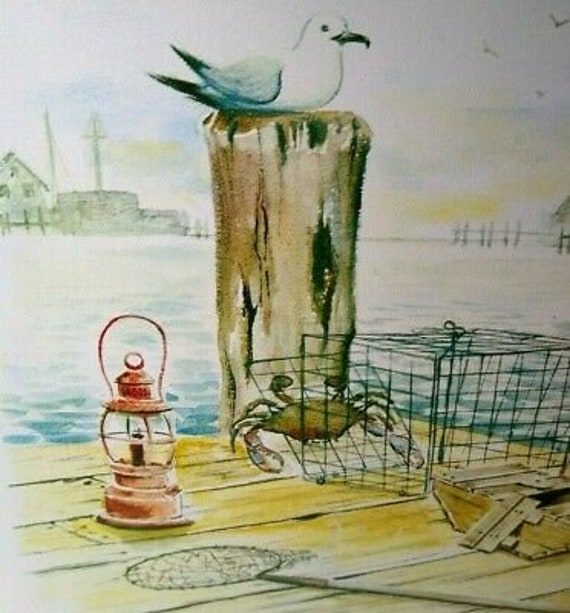 Seagull Art Print Crab Trap Bay Harbor Nautical Seaside Dock Gulls