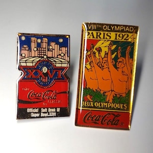 Coca Cola Enamel Badges Set Of 2 Paris VIII Olympiad & Super Bowl XXVI 1990 Unique Gift