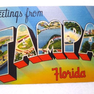 Carte postale en lin grande lettre, Tampa, Floride, Greetings From Tichnor Bros, cadeau unique inutilisé