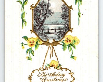 Birthday Flowers Postcard Yellow Blossoms Gold Accent Vintage Embossed Greetings