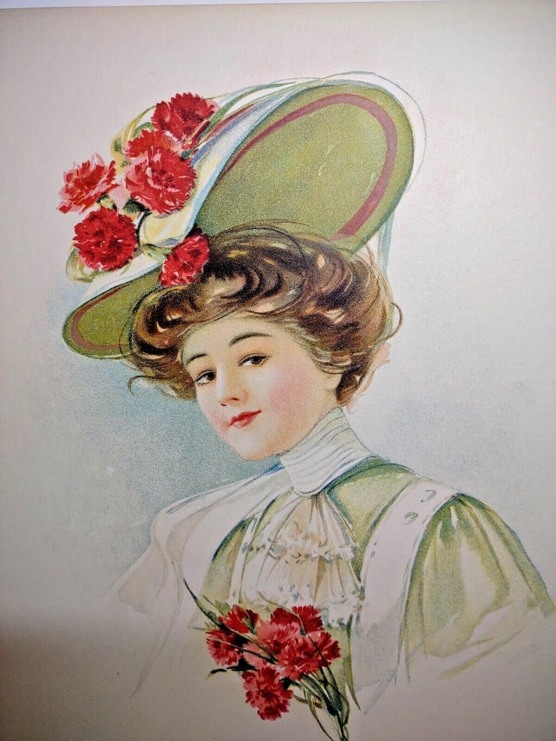Victorian Art Print Lady in Fancy Flower Hat Bouquet Lithograph 1908 ...