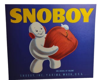 Snoboy Apfelkiste Etikett Schneemann Anthropomorph Vintage 1940s Original Schneemann Einzigartiges Geschenk