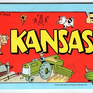 May include: A vintage postcard with a red background featuring the word "KANSAS" in yellow letters. The postcard also features a cartoon cow, pig, and a tractor. The text "Greetings from" is at the top of the postcard.