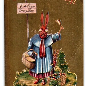 Carte postale de Pâques Mère Lapin habillée d'oeufs frais tous les jours John Winsch