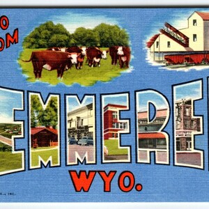Carte postale salutations bonjour de Kemmerer Wyoming Grande grosse lettre Vaches Curt Teich