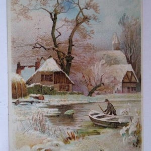 Carte postale de Noël joyeux lac pittoresque canoë-bateau neige scintillante Allemagne 1912