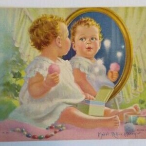 Vintage Baby By The Mirror Art Print Mabel Rollins Harris 1930s NOS Lithograph Christmas Gift Unique Gift image 2