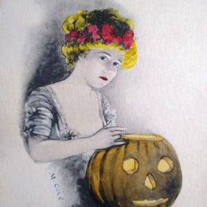 Halloween Postkarte May L. Farini handkolorierte viktorianische Lady JOL Pumpkin M Cole Einzigartiges Geschenk