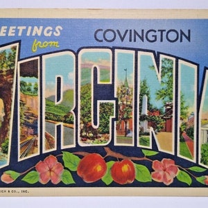 Carte postale en lin avec grandes lettres, Virginia Greetings From Covington, Curt Teich '48, cadeau unique
