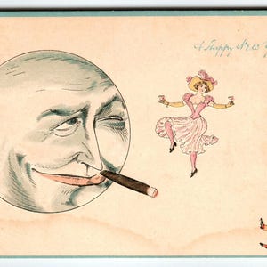 Carte postale anthropomorphe Fumer Cigare Lune Homme danse Fantaisie Série 570