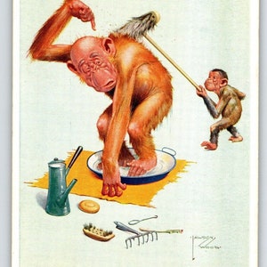 Affe Schimpanse Scrubs Papa Bad Postkarte Larson Holz signierte Fantasy Anthropomorphic Einzigartiges Geschenk Postkarte