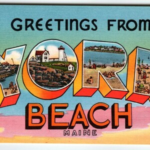 Carte postale grande grande lettre, grande lettre, York Beach, Maine, lin vintage inutilisé