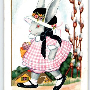 Oster-Fantasy-Postkarte Withney Dressed Girl-Häschen-Kaninchen im Kleid 1931 Vintage