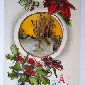 Christmas Postcard Embossed Mica Glitter Poinsettias Trees Series 328 WM Miller Unique Gift