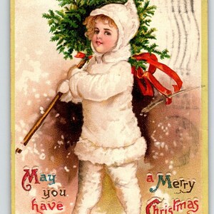 Christmas Postcard Ellen Clapsaddle Signed Snowsuit Child With X-mas Tree 1910 Unique Gift Post Card