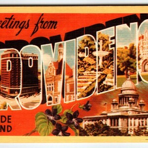 Carte postale en lin, grande lettre, grand salut de la Providence Rhode Island Dexter