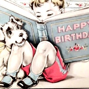 Carte d'anniversaire vintage enfant heureux lit livre avec chien chiot pop-up